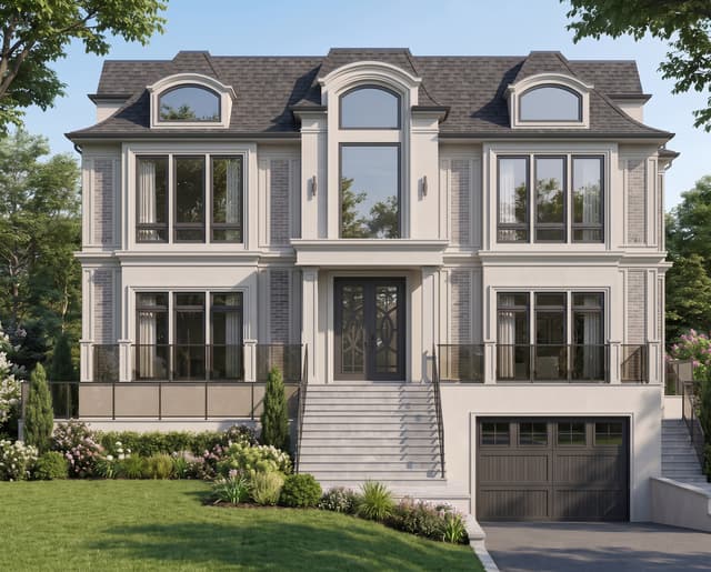 Use the uploaded image as the strict architectural reference and generate the same photorealistic frontal facade.

The entire main facade must be one continuous  wall plane with no projecting or recessed sections. All second-floor windows — left, right, and the taller central window — must be installed  within the same wall plane and must not project forward. Any visual depth should come only from shallow decorative moldings, trims and pilasters.

The only element allowed to project from the facade is the canopy above the central first-floor entrance. Keep all other architectural proportions, window placement, materials, colors, and details unchanged.
