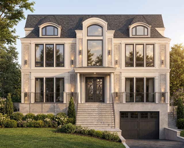 Transform the architectural front-elevation drawing in Image 1 into a super-photorealistic exterior photograph of the completed house.

REFERENCE ROLES:

Image 1 is the mandatory architectural and geometry reference. Follow its exact front elevation, overall width and height, roof shape, rooflines, number of stories, window and door locations, window sizes, architectural proportions, symmetry, spacing, and entrance position.

Image 2 is the visual style reference only. Apply its architectural style, exterior finishing materials, stone or stucco treatment, trim details, color palette, window-frame colors, roof colors, landscaping character, lighting, atmosphere, and high-end residential appearance. Do not copy the structure or massing of Image 2.

CRITICAL FACADE GEOMETRY:

Construct the entire main front facade as one continuous flat vertical wall plane. The left section, center section, and right section of the facade must all be aligned on exactly the same front-to-back plane.

All windows on the left, center, and right must be installed within this same continuous wall plane. The facade must read as one straight, uninterrupted exterior wall with no forward-projecting wings, window bays, volumes, wall sections, or recessed facade sections.

The only element extending forward from the main facade plane is the entrance canopy located directly above the front door. Create the projecting entrance canopy shown in Image 1, supported by its columns. Keep every other part of the house behind the canopy aligned with the single main facade plane.

ARCHITECTURAL PRIORITY:

Preserve the architecture and geometry of Image 1 exactly. Transfer only the materials, colors, detailing, lighting, and visual atmosphere from Image 2. Do not redesign the house and do not replace the facade composition with the architecture from Image 2.

CAMERA AND COMPOSITION:

Create a perfectly centered, straight-on frontal exterior view at eye level. Use a corrected architectural photography perspective with straight vertical lines, minimal lens distortion, and the entire front facade clearly visible. Maintain the proportions and aspect ratio of the elevation drawing.

RENDERING QUALITY:

Produce a luxury architectural visualization that looks like a real professional exterior photograph. Use physically realistic materials, highly detailed textures, realistic glazing and subtle reflections, natural shadows, accurate depth, refined landscaping, and realistic daylight matching the mood of Image 2.

The final result must look like the house from Image 1 has been fully constructed using the design language and finishing materials of Image 2.