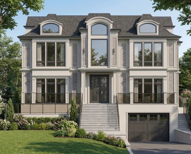 Use the first uploaded image as the strict architectural and visual reference. Generate a new highly photorealistic frontal exterior image of the same private house, keeping the overall facade design, proportions, rooflines, windows, entrance, materials, colors, landscaping, and all architectural details unchanged.

Modify only the facade sections marked in red. Reduce their projection depth so that these elements extend only slightly forward from the main front wall and sit much closer to the overall facade plane. Make them flatter, shallower, and less visually prominent, while preserving their original width, height, shape, window placement, moldings, and decorative details.

The transition between these sections and the main facade should appear subtle and architecturally realistic. Avoid deep recesses, strongly projecting volumes, bulky wall sections, or pronounced three-dimensional massing.

Adjust the lighting so that these elements create only short, soft, subtle shadows. Do not create long, dark, or dramatic side shadows that emphasize their projection. Use soft, even frontal daylight to make the entire facade appear more unified, balanced, and visually closer to one continuous wall plane.

Do not change any other part of the house.