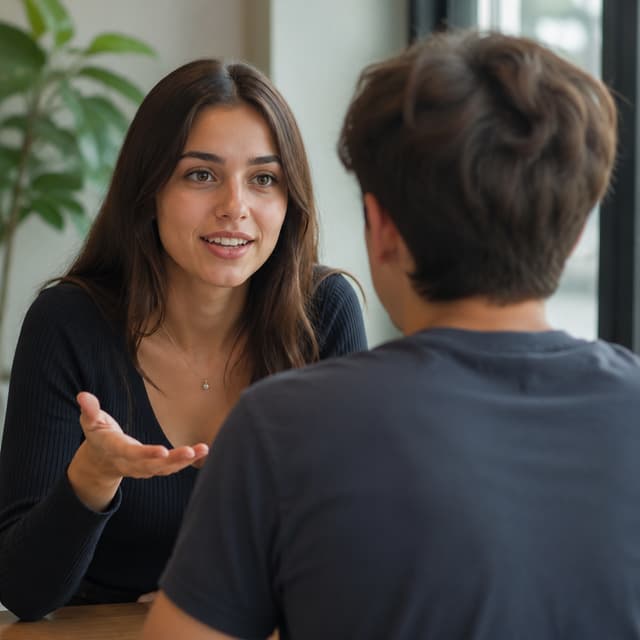 une fille de face qui parle à un garçon de dos