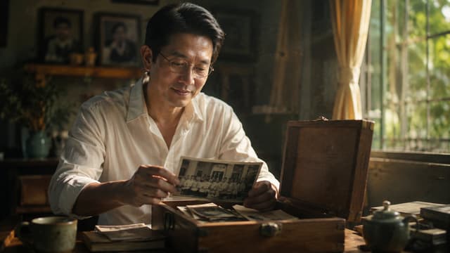 Cinematic Vietnamese nostalgic film, A Vietnamese man living alone in a foreign country, 
quietly opening an old wooden memory box, discovering an aged black-and-white school 
photograph, emotional eyes, soft morning window light, dust particles floating in the air, shallow 
depth of field, extremely realistic, poetic melancholy, 1970s Vietnamese memory atmosphere, 
cinematic composition, 16:9