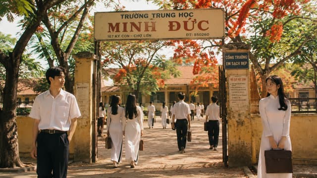 Beautiful old Vietnamese high school campus,SCHOOL' NAME: TRƯỜNG TRUNG HOC MINH ĐỨC  young Vietnamese students wearing traditional 
white school uniforms walking through the school gate, red flamboyant trees, large green trees, 
warm morning sunlight, young Vietnamese boy and girl secretly looking at each other across the 
schoolyard, innocent teenage love, nostalgic cinematic Vietnamese film, authentic old Vietnam 
atmosphere, realistic faces, soft film grain, 16:9