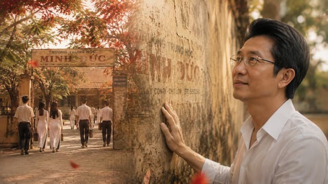 Close-up of A  Vietnamese man's hand touching an old weathered school wall, faded 
traces of an old school name, his eyes filled with memories, gentle wind, leaves falling slowly, 
cinematic dissolve from present day into a vivid memory of the old school, emotional time 
transition, photorealistic, 16:9