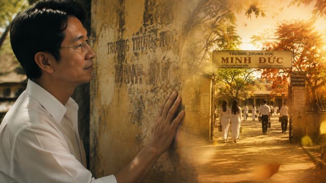 Close-up of a Vietnamese man's hand touching an old weathered school wall, faded 
traces of an old school name, his eyes filled with memories, gentle wind, leaves falling slowly, 
cinematic dissolve from present day into a vivid memory of the old school, emotional time 
transition, photorealistic, 16:9