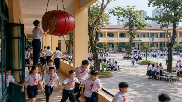 TẠO HÌNH ẢNH MỘT HỌC SINH ĐÁNH TRỐNG TRƯỜNG TREO GIỮA HÀNH LANG, BÁO HIỆU GIỜ RA CHƠI.., NHIỀU HỌC SINH NAM NỮ CHẠY ÙA RA KHỎI LỚP, SÂN TRƯỜNG XUẤT HIỆN NHIỀU HỌC SINH TỤ TẬP TỪNG NHÓM