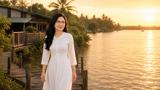 Use the previously approved MASTER FEMALE CHARACTER from C05 as the exact visual reference.
Keep the EXACT SAME female character: identical face, facial features, long black hairstyle, eyeglasses, body proportions, white long-sleeve dress, wristwatch, earrings and overall identity.
This is a FLASHBACK to the past, several years earlier, but the woman's identity must remain exactly the same.
Create a beautiful nostalgic Vietnamese riverside scene during warm late-afternoon golden sunlight.
The woman slowly walks along the same rustic wooden riverside walkway from the previous scenes. She carries nothing and walks naturally, peacefully, with a gentle youthful smile.
She looks toward the river as though she is waiting for someone.
Her long black hair moves softly in the river breeze. Her white dress moves naturally.
The wooden houses, tropical trees, coconut palms and wide river create a peaceful Vietnamese countryside atmosphere.
The mood is warm, innocent, romantic and hopeful — clearly different from the sadness of the present-day scenes.
Photorealistic cinematic Vietnamese romantic music video, natural skin texture, realistic human movement, golden-hour sunlight, soft river reflections, nostalgic atmosphere, cinematic depth of field, 16:9, no text, no subtitles.