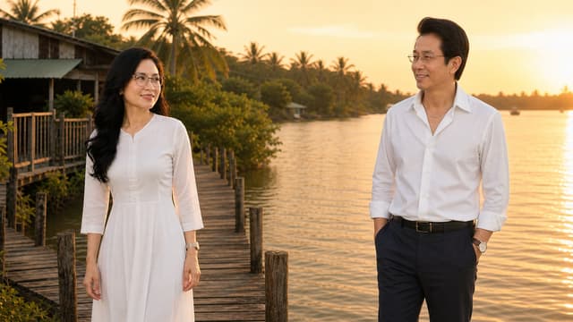 Continue directly from C07 BEGIN.
Use BOTH previously approved MASTER FEMALE and MASTER MALE characters.
IMPORTANT CHARACTER LOCK:
The woman must remain EXACTLY the same as C05 MASTER FEMALE:
same face, hairstyle, eyeglasses, white dress, wristwatch, earrings and body proportions.
The man must remain EXACTLY the same as the approved MASTER MALE:
same face, hairstyle, eyeglasses, white long-sleeve shirt with sleeves rolled up, dark trousers, black shoes and body proportions.
Do not change either character's identity.
The woman stops near the end of the wooden walkway and looks toward the river.
In the distance, the man slowly approaches along the same walkway.
They notice each other.
The woman gives him a gentle, shy smile.
The man responds with a warm and affectionate smile.
They slowly walk toward each other, stopping several steps apart.
Their emotions are natural and understated: the quiet happiness of two people who are beginning to realize they care deeply for each other.
The camera slowly moves sideways and slightly forward, keeping both characters in the same frame.
Warm golden sunset, peaceful river, gentle breeze, tropical Vietnamese countryside, romantic cinematic atmosphere, photorealistic, natural facial expressions, realistic movement, 16:9, no text, no subtitles, no extra people.