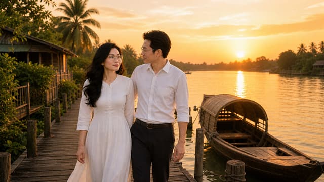 Create a cinematic Vietnamese romantic music video scene, continuing directly from the provided C07_END reference image.
Keep the EXACT SAME Vietnamese young couple, identical faces, hairstyles, body proportions, clothing, glasses, and overall character identity. Do not redesign or change either character.
Scene: Early evening on the same peaceful Mekong Delta riverside wooden walkway. The couple slowly walks together toward a small traditional wooden boat waiting at the riverbank. The woman in a simple elegant white long-sleeve dress walks beside the man wearing a white long-sleeve shirt, dark trousers and thin glasses.
The man gently looks at her with deep affection, while the woman looks toward the river with a subtle, thoughtful expression, as if she senses that something in their love is about to change.
Warm golden sunset light gradually becomes softer. Palm trees, rustic riverside houses, wooden walkway, calm river and reflections remain consistent with C07. A gentle breeze moves the woman's long black hair and dress naturally.
Cinematic emotional storytelling, Vietnamese countryside atmosphere, nostalgic romantic mood, realistic human expressions, natural body movement, photorealistic, elegant composition, soft golden-hour lighting, shallow depth of field, subtle film look.
Camera: medium-wide cinematic shot, slowly tracking backward as the couple walks toward the boat. Keep both characters clearly visible. No text, no subtitles, no logos, no extra people.
16:9 widescreen, highly realistic cinematic music video frame, consistent visual continuity with C07_END.