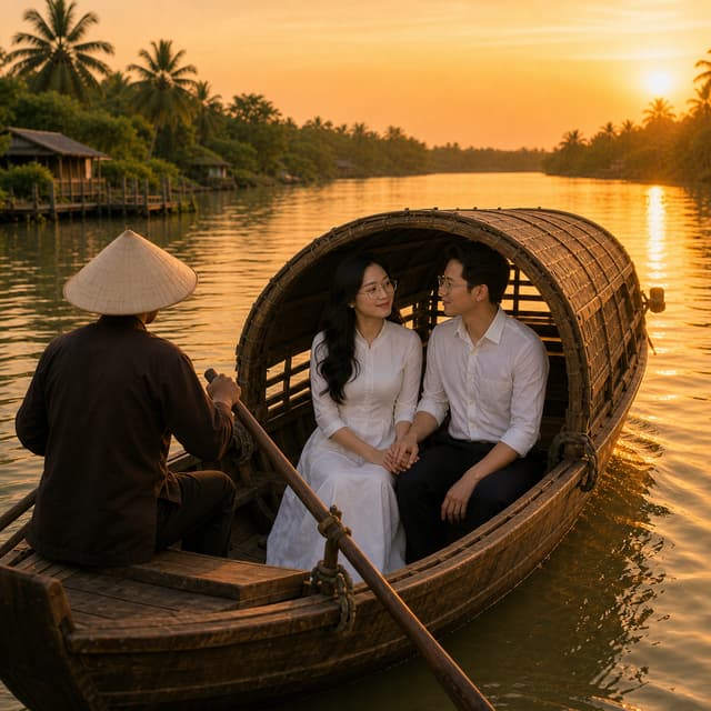 Create the MIDDLE shot of the music video scene “ĐÒ TÌNH LỠ CHUYẾN”, using the uploaded C09_BEGIN image as the exact visual continuity reference.
IMPORTANT CHARACTER CONTINUITY:
Keep the MASTER NAM and MASTER NỮ exactly consistent with C09_BEGIN — same faces, facial features, hairstyles, body proportions, age, clothing, and overall appearance. Do not redesign or replace either character.
Keep the boatman exactly consistent as well: Vietnamese male boatman wearing a traditional conical hat and dark clothing, rowing the same traditional wooden covered river boat.
SCENE:
The same traditional wooden boat continues slowly drifting along the peaceful Mekong-style river at golden sunset. The boat has moved naturally farther along the river, with gentle ripples trailing behind it.
The MASTER NỮ remains seated beside the MASTER NAM inside the boat. They are still holding hands gently. The MASTER NAM turns slightly toward her and looks at her with a tender, sincere, nostalgic expression. The MASTER NỮ looks back at him with soft eyes, a subtle emotional smile, and a feeling of love mixed with an unspoken sadness.
Their body language should feel natural, intimate, restrained, and deeply emotional — two people sharing a precious moment without speaking.
CAMERA:
Cinematic medium shot from slightly closer to the couple than C09_BEGIN, keeping enough of the traditional boat, river, and sunset environment visible to maintain continuity. Natural cinematic depth of field, realistic human proportions, elegant composition, subtle slow-moment feeling.
LIGHTING:
Warm golden-hour sunset light, soft orange reflections across the river, gentle rim light around the couple, natural shadows, romantic but realistic atmosphere.
BACKGROUND:
Keep the same lush tropical riverside landscape, coconut palms, small traditional riverside houses, calm river, and glowing sunset established in C09_BEGIN. Do not introduce a new location.
MOOD:
Tender, romantic, nostalgic, peaceful, slightly bittersweet — suggesting that this beautiful moment may not last forever.
VISUAL STYLE:
Photorealistic cinematic Vietnamese music video, natural skin texture, realistic fabric, realistic water reflections, subtle filmic atmosphere, high detail, emotionally expressive faces, elegant composition, 16:9 widescreen.
VERY IMPORTANT:
No dialogue.
No subtitles.
No text.
No title.
No lyrics written on screen.
No speech bubbles.
This is ONLY the still image for the MIDDLE point of the scene. Dialogue will be added later during the VIDEO generation stage.