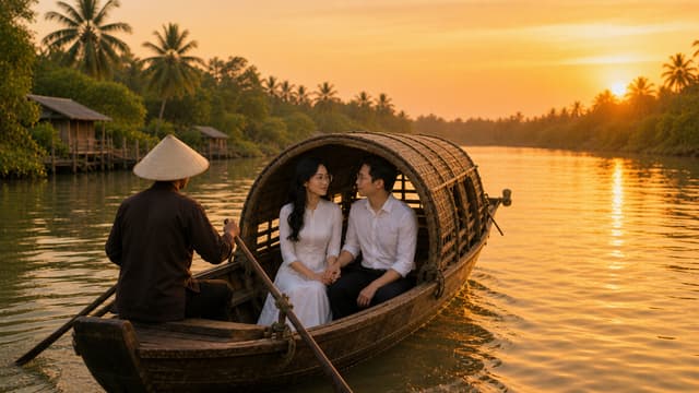 Create the MIDDLE shot of the music video scene “ĐÒ TÌNH LỠ CHUYẾN”, using the uploaded C09_BEGIN image as the exact visual continuity reference.
IMPORTANT CHARACTER CONTINUITY:
Keep the MASTER NAM and MASTER NỮ exactly consistent with C09_BEGIN — same faces, facial features, hairstyles, body proportions, age, clothing, and overall appearance. Do not redesign or replace either character.
Keep the boatman exactly consistent as well: Vietnamese male boatman wearing a traditional conical hat and dark clothing, rowing the same traditional wooden covered river boat.
SCENE:
The same traditional wooden boat continues slowly drifting along the peaceful Mekong-style river at golden sunset. The boat has moved naturally farther along the river, with gentle ripples trailing behind it.
The MASTER NỮ remains seated beside the MASTER NAM inside the boat. They are still holding hands gently. The MASTER NAM turns slightly toward her and looks at her with a tender, sincere, nostalgic expression. The MASTER NỮ looks back at him with soft eyes, a subtle emotional smile, and a feeling of love mixed with an unspoken sadness.
Their body language should feel natural, intimate, restrained, and deeply emotional — two people sharing a precious moment without speaking.
CAMERA:
Cinematic medium shot from slightly closer to the couple than C09_BEGIN, keeping enough of the traditional boat, river, and sunset environment visible to maintain continuity. Natural cinematic depth of field, realistic human proportions, elegant composition, subtle slow-moment feeling.
LIGHTING:
Warm golden-hour sunset light, soft orange reflections across the river, gentle rim light around the couple, natural shadows, romantic but realistic atmosphere.
BACKGROUND:
Keep the same lush tropical riverside landscape, coconut palms, small traditional riverside houses, calm river, and glowing sunset established in C09_BEGIN. Do not introduce a new location.
MOOD:
Tender, romantic, nostalgic, peaceful, slightly bittersweet — suggesting that this beautiful moment may not last forever.
VISUAL STYLE:
Photorealistic cinematic Vietnamese music video, natural skin texture, realistic fabric, realistic water reflections, subtle filmic atmosphere, high detail, emotionally expressive faces, elegant composition, 16:9 widescreen.
VERY IMPORTANT:
No dialogue.
No subtitles.
No text.
No title.
No lyrics written on screen.
No speech bubbles.
This is ONLY the still image for the MIDDLE point of the scene. Dialogue will be added later during the VIDEO generation stage.