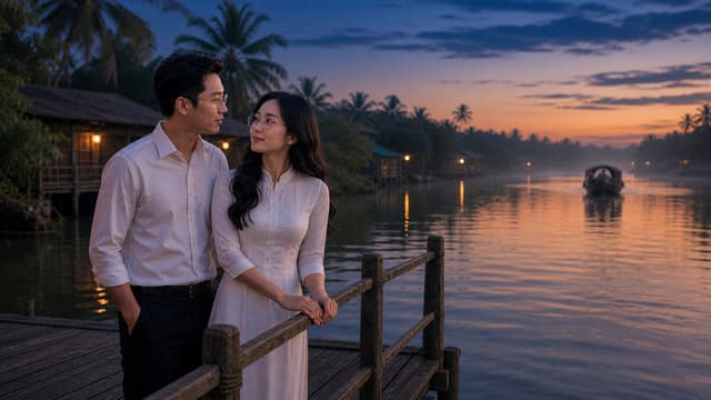 Create C10_MIDDLE using the approved C10_BEGIN image as the STRICT visual continuity reference.
IMPORTANT:
The glasses of BOTH MASTER NAM and MASTER NỮ are permanent character features.
━━━━━━━━━━━━━━━━━━
ABSOLUTE CHARACTER LOCK
━━━━━━━━━━━━━━━━━━
MASTER NAM:
Maintain EXACTLY the same face, hairstyle, white shirt, black trousers, body proportions and thin-frame eyeglasses from C10_BEGIN.
His eyeglasses MUST remain on his face.
MASTER NỮ:
Maintain EXACTLY the same face, hairstyle, white dress, body proportions and THIN-FRAME EYEGLASSES from C10_BEGIN.
HER EYEGLASSES MUST REMAIN ON HER FACE.
BOTH CHARACTERS MUST WEAR THEIR GLASSES THROUGHOUT THE ENTIRE IMAGE.
Do NOT remove either character's glasses.
Do NOT change the glasses.
Do NOT change the frame shape.
Do NOT change the frame color.
Do NOT make the glasses disappear.
Do NOT generate the characters without glasses.
The glasses must be clearly visible on BOTH faces.
━━━━━━━━━━━━━━━━━━
SCENE
━━━━━━━━━━━━━━━━━━
Continue naturally from C10_BEGIN.
The same MASTER NAM and MASTER NỮ remain together on the same traditional wooden riverside pier beside the same peaceful Vietnamese Mekong-style river.
The distant traditional boat continues moving slowly away on the river.
The evening has progressed slightly deeper into blue hour.
The last warm orange glow remains near the horizon.
Light mist floats gently above the river.
MASTER NỮ has turned from the distant boat and is now looking directly at MASTER NAM.
MASTER NAM looks gently back at her.
They stand close together beside the wooden railing.
MASTER NỮ rests her hands lightly on the railing.
MASTER NAM stands beside her, close but natural.
Their eyes meet.
Their expressions communicate love, tenderness, memories and quiet uncertainty.
The emotional feeling should be intimate and restrained.
No crying.
No exaggerated sadness.
No dramatic gestures.
━━━━━━━━━━━━━━━━━━
CAMERA
━━━━━━━━━━━━━━━━━━
Cinematic medium shot.
Slightly closer than C10_BEGIN.
Both faces must be clearly visible.
The glasses of BOTH characters must be clearly visible.
Use a gentle cinematic push-in toward the couple.
Maintain natural depth of field.
Foreground:
wooden railing.
Middle ground:
MASTER NAM and MASTER NỮ.
Background:
river, evening mist, distant boat, tropical trees and riverside houses.
━━━━━━━━━━━━━━━━━━
LIGHTING
━━━━━━━━━━━━━━━━━━
Soft blue-hour evening light.
Subtle warm glow near the horizon.
Gentle natural rim light around both characters.
Soft reflections from small riverside lamps on the water.
Natural skin tones.
Realistic shadows.
━━━━━━━━━━━━━━━━━━
CONTINUITY
━━━━━━━━━━━━━━━━━━
Same location as C10_BEGIN.
Same wooden pier.
Same river.
Same tropical vegetation.
Same riverside houses.
Same distant boat.
Same time of day.
Same clothing.
Same hairstyles.
Same faces.
SAME GLASSES ON BOTH CHARACTERS.
Do not introduce anything new.
━━━━━━━━━━━━━━━━━━
ANTI-ERROR RULES
━━━━━━━━━━━━━━━━━━
ABSOLUTELY NO:
missing glasses
disappearing glasses
changing glasses
different glasses
glasses appearing only in some frames
face morphing
face swapping
identity changing
double exposure
ghosting
facial distortion
changing hairstyle
changing clothing
changing body proportions
Do not regenerate either character with a different face.
━━━━━━━━━━━━━━━━━━
VISUAL STYLE
Photorealistic cinematic Vietnamese music video.
Authentic Mekong riverside atmosphere.
Natural human expressions.
Realistic skin.
Realistic hair.
Realistic fabric.
Realistic water reflections.
Soft evening mist.
Cinematic depth of field.
Elegant emotional composition.
16:9 widescreen.
━━━━━━━━━━━━━━━━━━
VERY IMPORTANT
This is ONLY the C10_MIDDLE still image.
NO dialogue.
NO subtitles.
NO captions.
NO text.
NO title.
NO lyrics.
NO speech bubbles.
The image must contain NO written words.
FINAL ABSOLUTE RULE:
MASTER NAM MUST WEAR HIS GLASSES.
MASTER NỮ MUST WEAR HER GLASSES.
BOTH MUST BE WEARING THEIR GLASSES EXACTLY AS SHOWN IN C10_BEGIN.