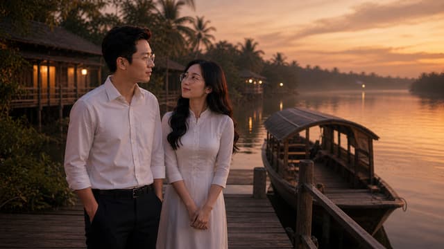 **CẢNH 11 – BEGIN**
**Bối cảnh:** Bến sông lúc chiều muộn. Mặt nước phẳng lặng, ánh hoàng hôn vàng nhạt phủ nhẹ lên cảnh vật. Một chiếc đò nằm im bên bến.
**Nhân vật:**
* MASTER NAM: giữ nguyên 100% khuôn mặt, tuổi tác, kiểu tóc, trang phục và **kính mắt** đã khóa.
* MASTER NỮ: giữ nguyên 100% khuôn mặt, tuổi tác, kiểu tóc và trang phục đã khóa.
**Bố cục:** Hai người đứng cạnh nhau trên bến, hơi cách nhau một khoảng nhỏ. Người nam nhìn về phía dòng sông; người nữ lặng lẽ nhìn anh. Không ôm, không cử chỉ quá mạnh.
**Cảm xúc:** Yêu thương nhưng linh cảm một cuộc chia xa đang đến. Nỗi buồn phải thể hiện chủ yếu qua ánh mắt và nét mặt.
**Cinematic prompt:**
*Ultra-realistic Vietnamese romantic cinematic scene, a mature Vietnamese couple standing quietly together at a peaceful riverside ferry pier at sunset, a small traditional wooden ferry waiting on calm water, warm soft golden-hour light, subtle mist above the river, poetic melancholic atmosphere, deep emotional eye contact, restrained natural acting, realistic Vietnamese appearance, elegant cinematic composition, shallow depth of field, soft natural skin texture, film still quality, sophisticated Vietnamese romantic drama, emotionally powerful but understated, no exaggerated expressions, no text, no watermark. Preserve the exact locked MASTER NAM and MASTER NU character identities, facial features, hairstyle, clothing, proportions and continuity; MASTER NAM must keep his glasses exactly as established.*