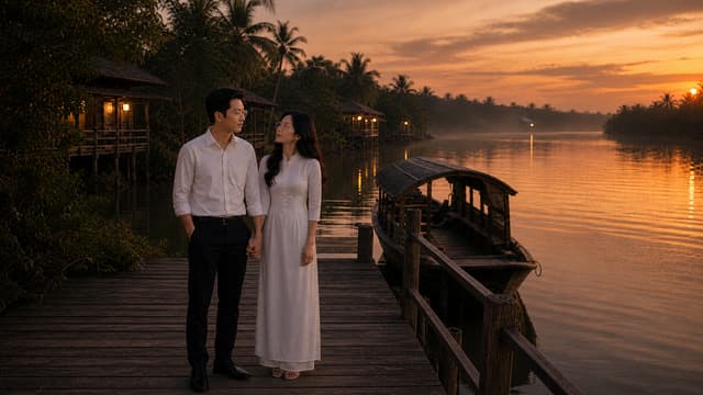 **CẢNH 11 – END**
**Mạch nối:** Tiếp nối trực tiếp từ C11_MIDDLE. Giữ nguyên tuyệt đối MASTER NAM và MASTER NỮ, khuôn mặt, tuổi tác, vóc dáng, kiểu tóc, trang phục và đặc biệt **kính của MASTER NAM**.
**Hành động:**
Sau khoảnh khắc cô gái nhẹ nhàng chạm vào cánh tay người nam, cả hai cùng quay ánh mắt về phía chiếc đò đang neo bên bến. Cô gái khẽ đưa bàn tay xuống, hai bàn tay của họ nhẹ nhàng chạm vào nhau và nắm lấy nhau. Người nam nhìn cô trong một khoảnh khắc thật sâu lắng. Cả hai không nói gì.
**Bố cục:** Máy quay lùi nhẹ, mở rộng khung hình để thấy trọn hai người, bến sông và chiếc đò. Hai nhân vật đứng cạnh nhau nhưng vẫn giữ vẻ tự nhiên, không ôm, không diễn quá mức.
**Cảm xúc:** Yêu thương, lưu luyến và một chút dự cảm chia xa. Ánh mắt của họ như muốn nói rất nhiều điều nhưng không ai nói thành lời. Kết cảnh phải để lại cảm giác **“chuyến đò đang chờ, nhưng tình yêu có thể đã đứng trước một chuyến lỡ”**.
**Cinematic prompt:**
*Continue seamlessly from the approved C11_MIDDLE frame, ultra-realistic Vietnamese romantic cinematic drama at the same riverside ferry pier during the final moments of golden hour. Preserve the exact locked MASTER NAM and MASTER NU identities with identical facial features, age, hairstyle, body proportions, clothing and continuity. MASTER NAM must keep the exact same glasses. The couple slowly turns their gaze toward the traditional wooden ferry waiting quietly beside the pier. Their hands gently meet and naturally hold each other, a subtle intimate gesture filled with tenderness and uncertainty. The man looks deeply at the woman for one quiet emotional moment, neither of them speaking. Slowly pull the camera back into a wider cinematic composition revealing the couple, wooden pier, waiting ferry and peaceful river. Warm sunset fading into soft dusk, glowing reflections on the water, riverside houses with gentle lights, tropical silhouettes, subtle atmospheric haze, poetic Vietnamese romantic drama, restrained natural acting, profound emotional connection, quiet anticipation of separation, elegant cinematic framing, realistic skin texture, soft natural lighting, shallow depth of field transitioning into a wider shot, beautiful film still, melancholic but tender, no tears, no exaggerated expressions, no text, no watermark.*