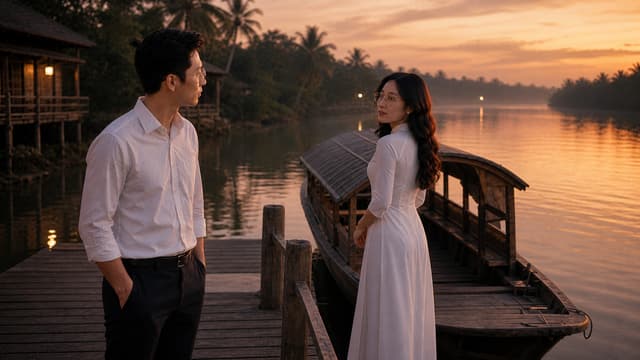 **C12_MIDDLE – ĐÒ TÌNH LỠ CHUYẾN**
Using **C12_BEGIN_FINAL as the exact visual continuity reference**, create the next cinematic music-video frame.
Keep the **EXACT SAME MASTER MALE and MASTER FEMALE characters** from C12_BEGIN_FINAL. Preserve their identical faces, hairstyles, ages, body proportions, clothing, skin tones and overall appearance. **The male character must keep his glasses exactly unchanged. Do not redesign either character.**
### SCENE CONTINUATION
A few moments have passed at the same riverside ferry landing during the warm golden sunset.
The WOMAN has slowly moved a few steps toward the wooden ferry. She is now standing near the beginning of the boat ramp, her body gently turned toward the river, but she looks back over her shoulder at the MAN.
The MAN remains on the wooden pier a short distance behind her. He looks at her silently, his expression filled with love, sadness and hesitation. His posture suggests that he wants to say something or stop her, but he cannot find the words.
There is a quiet emotional tension between them.
The small traditional Vietnamese wooden ferry is waiting beside the pier. The river reflects the orange-pink sunset beautifully. Gentle ripples move across the water.
### EMOTIONAL DIRECTION
The feeling should now be **deeper than C12_BEGIN**:
love that has not disappeared,
a painful separation approaching,
two people who still care deeply for each other,
but destiny is pulling them in different directions.
Keep the acting subtle and realistic. No exaggerated crying, no dramatic gestures, no melodrama.
### CAMERA
Cinematic medium-wide shot, slightly closer than C12_BEGIN.
The WOMAN and the MAN must both remain clearly visible in the same frame.
Natural eye-level camera, subtle cinematic perspective, shallow depth of field, realistic separation between foreground characters and the river background.
### LIGHTING
Continue the exact warm golden-hour lighting from C12_BEGIN.
Soft orange sunset illumination, gentle rim light around their hair and shoulders, natural reflections on the river, subtle atmospheric haze.
### VISUAL STYLE
High-end Vietnamese romantic cinematic music video, photorealistic, natural Vietnamese environment, realistic human anatomy, authentic facial expressions, elegant composition, emotional storytelling, 4K cinematic quality, 16:9 widescreen.
### STRICT CONTINUITY
Do not change the characters' faces.
Do not change their clothing.
Do not remove or alter the man's glasses.
Do not change the woman's hairstyle.
Do not add new characters.
Do not change the location.
Do not change the time of day.
No subtitles, no captions, no text, no logo, no watermark.
No distorted hands, no extra fingers, no duplicated people, no artificial-looking faces.
**The image must look like the very next moment after C12_BEGIN_FINAL.**