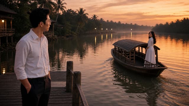 **C12_END – ĐÒ TÌNH LỠ CHUYẾN**
Using **C12_MIDDLE_FINAL as the exact visual continuity reference**, create the final cinematic frame of Scene C12.
Keep the **EXACT SAME MASTER MALE CHARACTER and MASTER FEMALE CHARACTER** from C12_BEGIN_FINAL and C12_MIDDLE_FINAL.
Preserve their identical facial identity, age, hairstyle, body proportions, clothing, skin tone and overall appearance.
**The male character must keep his glasses exactly unchanged. Do not redesign either character.**
### FINAL SCENE
The WOMAN has now stepped onto the traditional wooden ferry.
She stands near the rear/side of the boat, one hand gently resting on the wooden railing. She looks back toward the MAN standing alone on the pier.
The MAN remains on the wooden dock, completely still, watching her leave.
Their eyes meet for one final moment.
Neither person cries dramatically.
Instead, their faces show **quiet heartbreak, deep love, resignation and acceptance**.
The boat has just begun to move slowly away from the dock. A very subtle wake appears behind it on the calm river.
The distance between the MAN and WOMAN is now physically increasing, creating the visual meaning of **a love that was real but has missed its journey together — “ĐÒ TÌNH LỠ CHUYẾN.”**
### EMOTIONAL CLIMAX
This is the emotional peak of C12.
The image should communicate:
**“Anh ở lại — em lên đò.
Một lần nhìn nhau cuối cùng.
Tình còn đó, nhưng chuyến đò đã lỡ.”**
Keep the emotion elegant, mature and restrained.
No exaggerated crying, no dramatic gestures, no melodramatic acting.
### COMPOSITION
Cinematic wide shot.
The MAN is positioned on the wooden pier in the foreground/left side.
The WOMAN is clearly visible on the departing boat toward the right/middle distance.
The river creates a natural visual path between them.
The increasing distance between the two characters must be immediately understandable.
The boat should be large enough that the woman remains clearly recognizable.
### LIGHTING
Late golden sunset transitioning gently toward dusk.
Warm orange and rose tones reflected across the river.
Soft rim light around the woman's hair and the man's shoulders.
Subtle mist over the distant river.
The final frame should feel poetic, nostalgic and timeless.
### CAMERA
High-end cinematic Vietnamese music video.
Wide cinematic composition, eye-level perspective with a very subtle sense of distance.
Natural depth of field.
Soft cinematic bokeh in the distant lights.
Realistic river reflections and gentle water movement.
Photorealistic, emotionally authentic, 4K cinematic quality, 16:9 widescreen.
### STRICT CONTINUITY
Exact same male face.
Exact same female face.
Exact same hairstyle.
Exact same clothing.
Exact same glasses on the male.
Same riverside location.
Same wooden pier.
Same traditional ferry.
Same sunset atmosphere.
No new characters.
No redesigned faces.
No changed clothing.
No subtitles.
No captions.
No text.
No logo.
No watermark.
No distorted hands.
No extra fingers.
No duplicated people.
**The final image must look like the immediate next moment after C12_MIDDLE_FINAL, completing the emotional arc of Scene C12.**