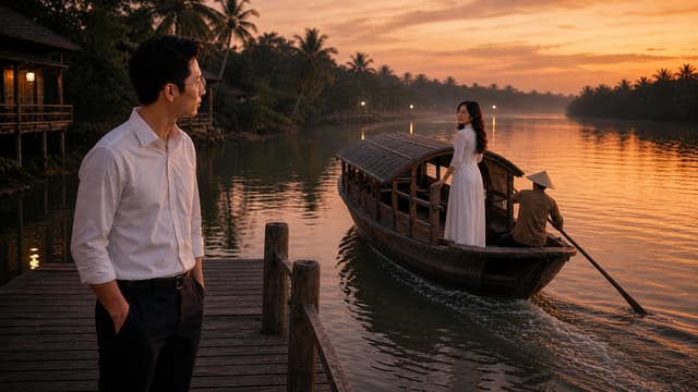**C12_END – ĐÒ TÌNH LỠ CHUYẾN**
Using **C12_MIDDLE_FINAL as the exact visual continuity reference**, create the final cinematic frame of Scene C12.
Keep the **EXACT SAME MASTER MALE CHARACTER and MASTER FEMALE CHARACTER** from C12_BEGIN_FINAL and C12_MIDDLE_FINAL.
Preserve their identical facial identity, age, hairstyle, body proportions, clothing, skin tone and overall appearance.
**The male character must keep his glasses exactly unchanged. Do not redesign either character.**
### FINAL SCENE
The WOMAN has now stepped onto the traditional wooden ferry.
She stands near the rear/side of the boat, one hand gently resting on the wooden railing. She looks back toward the MAN standing alone on the pier.
The MAN remains on the wooden dock, completely still, watching her leave.
Their eyes meet for one final moment.
Neither person cries dramatically.
Instead, their faces show **quiet heartbreak, deep love, resignation and acceptance**.
The boat has just begun to move slowly away from the dock. A very subtle wake appears behind it on the calm river.
The distance between the MAN and WOMAN is now physically increasing, creating the visual meaning of **a love that was real but has missed its journey together — “ĐÒ TÌNH LỠ CHUYẾN.”**
### EMOTIONAL CLIMAX
This is the emotional peak of C12.
The image should communicate:
**“Anh ở lại — em lên đò.
Một lần nhìn nhau cuối cùng.
Tình còn đó, nhưng chuyến đò đã lỡ.”**
Keep the emotion elegant, mature and restrained.
No exaggerated crying, no dramatic gestures, no melodramatic acting.
### COMPOSITION
Cinematic wide shot.
The MAN is positioned on the wooden pier in the foreground/left side.
The WOMAN is clearly visible on the departing boat toward the right/middle distance.
The river creates a natural visual path between them.
The increasing distance between the two characters must be immediately understandable.
The boat should be large enough that the woman remains clearly recognizable.
### LIGHTING
Late golden sunset transitioning gently toward dusk.
Warm orange and rose tones reflected across the river.
Soft rim light around the woman's hair and the man's shoulders.
Subtle mist over the distant river.
The final frame should feel poetic, nostalgic and timeless.
### CAMERA
High-end cinematic Vietnamese music video.
Wide cinematic composition, eye-level perspective with a very subtle sense of distance.
Natural depth of field.
Soft cinematic bokeh in the distant lights.
Realistic river reflections and gentle water movement.
Photorealistic, emotionally authentic, 4K cinematic quality, 16:9 widescreen.
### STRICT CONTINUITY
Exact same male face.
Exact same female face.
Exact same hairstyle.
Exact same clothing.
Exact same glasses on the male.
Same riverside location.
Same wooden pier.
Same traditional ferry.
Same sunset atmosphere.
No new characters.
No redesigned faces.
No changed clothing.
No subtitles.
No captions.
No text.
No logo.
No watermark.
No distorted hands.
No extra fingers.
No duplicated people.
**The final image must look like the immediate next moment after C12_MIDDLE_FINAL, completing the emotional arc of Scene C12.**
### ADD BOATMAN — IMPORTANT EDIT
Add **ONE NATURAL VIETNAMESE BOATMAN** to the existing wooden ferry.
The boatman is the person operating the ferry and should make the boat's movement feel realistic and believable.
Place him toward the **rear/inside section of the boat**, naturally positioned where a traditional Vietnamese boatman would operate the boat.
He should be:
* A simple, modest Vietnamese man of middle age.
* Wearing simple, traditional everyday river-worker clothing.
* Holding a long wooden oar naturally, clearly indicating that he is rowing/steering the ferry.
* Positioned so that he **does NOT block or cover the WOMAN**.
* Smaller in visual prominence than the WOMAN.
* Looking toward the direction of travel or slightly away from the camera, **not looking directly at the camera**.
* Natural body proportions and realistic hands.
The boatman should blend naturally into the existing scene and lighting.
**VERY IMPORTANT:**
Do NOT change the MASTER MALE.
Do NOT change the MASTER FEMALE.
Do NOT change their faces, hairstyles, clothing or body proportions.
Do NOT remove or alter the man's glasses.
Do NOT change the boat.
Do NOT change the dock.
Do NOT change the sunset, river, camera angle or existing composition.
Do NOT add any other people.
The boatman is only an additional supporting character. The emotional focus must remain on the **MAN left behind on the pier and the WOMAN leaving on the ferry**.
Keep the same warm golden sunset, cinematic lighting, realistic reflections and emotional atmosphere.
The final image must look like the **same C12_END image with only one realistic boatman added**, as if he had always been present in the scene.
No text, no subtitles, no logo, no watermark, no duplicated people, no distorted hands, no extra fingers.