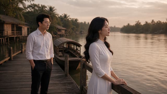 **C14_BEGIN — “BƯỚC TIẾP TRONG NỖI NHỚ”**
Create a cinematic Vietnamese sentimental music-video scene, continuing directly from C13.
Use the exact **MASTER NAM** and **MASTER NỮ** character identities established and locked in previous scenes. Preserve facial identity, age, body proportions, hairstyle, clothing, accessories, and especially the man’s glasses exactly. Do not redesign or beautify the characters.
**SETTING:** A quiet riverside/old ferry landing at late afternoon, soft overcast golden-gray light, gentle river breeze, nostalgic Vietnamese atmosphere. The location feels authentic, peaceful and slightly lonely.
**ACTION:** The man stands a short distance behind the woman, watching her quietly. The woman is facing toward the river, her posture calm but emotionally heavy, as if remembering a love that has already passed. Neither character touches the other. Their physical distance should communicate the emotional distance between them.
**EMOTION:** Deep nostalgia, quiet sadness, unfinished love, restraint. No exaggerated crying, no melodrama. The emotion must appear naturally through facial expression, eyes, posture and body language.
**CAMERA:** Cinematic medium-wide shot, eye-level perspective, subtle depth of field, natural composition. Keep both characters clearly recognizable. The woman is slightly closer to camera while the man remains visible behind her, creating visual depth and emotional separation.
**LIGHTING:** Soft natural late-afternoon light, realistic skin tones, gentle highlights and shadows, subtle cinematic atmosphere.
**VISUAL STYLE:** High-end Vietnamese romantic music video, photorealistic, cinematic, elegant, natural colors, realistic skin texture, realistic fabric, authentic environment, 16:9 widescreen.
**IMPORTANT CONTINUITY:** No new characters. No changes to MASTER NAM or MASTER NỮ. No facial distortion, no age change, no wardrobe change, no glasses removal, no fantasy elements, no text, no subtitles, no logos, no watermark.