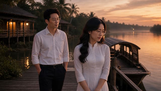 **C14_MIDDLE — “KHOẢNG CÁCH CỦA HAI NGƯỜI”**
Create the cinematic MIDDLE frame continuing DIRECTLY from the approved C14_BEGIN image.
Use the exact same **MASTER NAM** and **MASTER NỮ** from C14_BEGIN. Preserve their facial identity, age, body proportions, hairstyle, clothing, glasses, accessories and overall appearance EXACTLY. Do not redesign either character.
**CONTINUITY:**
The same riverside wooden pier, traditional wooden boat, river, houses, palm trees and late-afternoon atmosphere remain unchanged. Maintain the same time of day and cinematic color mood.
**ACTION:**
The woman remains standing near the wooden railing, looking quietly toward the river. She slowly lowers her gaze slightly, her expression becoming more reflective and emotional.
The man has taken one or two slow steps closer, but still maintains respectful distance. He looks at her silently with restrained emotion, as if wanting to say something but unable to do so.
Neither character touches the other.
Their body language should communicate an old love, regret and words left unsaid.
**CAMERA:**
Move naturally from the C14_BEGIN wide composition into a slightly closer cinematic medium-wide shot. Keep BOTH characters clearly visible and recognizable. The woman remains in the foreground/right side, while the man is positioned behind/left, creating strong visual depth and emotional separation.
**EMOTION:**
Quiet longing, nostalgia, regret and unresolved love. Very subtle facial expressions. No exaggerated crying, no dramatic gestures, no theatrical acting.
**LIGHTING:**
Continue the same soft golden late-afternoon light. Natural skin tones, gentle highlights, realistic shadows and subtle cinematic depth.
**VISUAL STYLE:**
High-end Vietnamese sentimental music video, photorealistic, cinematic, elegant, realistic Vietnamese riverside atmosphere, natural human movement, realistic skin and fabric texture, shallow depth of field, 16:9 widescreen.
**STRICT CHARACTER LOCK:**
MASTER NAM and MASTER NỮ must remain exactly the same people as in C14_BEGIN. No face changes, no age changes, no hairstyle changes, no wardrobe changes, no removal or alteration of glasses, no body distortion.
**NEGATIVE:**
No new characters, no extra people, no fantasy elements, no modern city objects, no text, no subtitles, no logos, no watermark, no face morphing, no duplicate characters, no distorted hands or fingers.