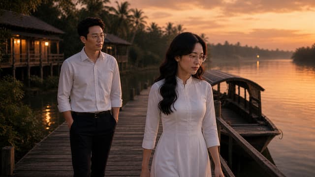 **C15_BEGIN — “NGƯỜI Ở, NGƯỜI ĐI”**
Create a cinematic Vietnamese sentimental music-video scene that continues DIRECTLY from the approved C14_END and C14_VIDEO.
Use the exact same **MASTER NAM** and **MASTER NỮ** from all previous scenes.
### CHARACTER CONTINUITY — ABSOLUTE
Preserve exactly:
* MASTER NAM facial identity, age, hairstyle, body proportions, white long-sleeve shirt, black trousers and glasses.
* MASTER NỮ facial identity, age, long dark hair, body proportions, white traditional-style outfit and glasses.
* Same realistic Vietnamese appearance.
* No redesign, no beautification, no aging, no face alteration.
* Glasses must remain exactly as established.
### STORY ACTION
This scene begins immediately after the final eye contact in C14.
The woman slowly turns away from the man.
She takes a quiet first step forward along the wooden pier, beginning to leave.
The man remains standing where he is for a moment, silently watching her.
He does not chase her.
He does not reach out.
The emotional feeling is that both people understand this is the moment when they must finally separate.
The woman walks slowly and naturally toward the far end of the pier, her long hair moving gently in the evening breeze.
The man remains behind, looking after her with quiet sadness and tenderness.
### EMOTION
Deep sadness, acceptance, unfinished love and resignation.
The emotion must remain subtle and mature.
No exaggerated crying.
No dramatic gestures.
No theatrical acting.
The characters should communicate everything through their eyes, posture and slow movement.
### COMPOSITION
Cinematic medium-wide shot.
Place the woman slightly in the foreground/right as she begins walking away.
Keep the man clearly visible behind her on the left.
The wooden pier creates strong leading lines toward the river and distant sunset.
The traditional wooden boat remains naturally visible beside the pier.
### ENVIRONMENT
Continue the same riverside location from C14.
Traditional wooden houses.
Wooden pier.
Wooden boat.
Calm river.
Palm trees.
Warm late-afternoon light gradually approaching sunset.
Very gentle river movement.
Subtle breeze moving hair and clothing.
### CAMERA
Very slow cinematic tracking movement following the woman as she begins to walk away.
Keep the camera stable and elegant.
No sudden zoom.
No handheld shake.
No fast movement.
Maintain natural cinematic depth of field.
### VISUAL STYLE
High-end Vietnamese romantic sentimental music video.
Photorealistic.
Natural human movement.
Realistic Vietnamese riverside environment.
Warm nostalgic sunset atmosphere.
Realistic skin texture.
Realistic fabric and hair movement.
Elegant cinematic composition.
16:9 widescreen.
### STRICT NEGATIVE PROMPT
No new characters.
No duplicate characters.
No face morphing.
No identity changes.
No age changes.
No hairstyle changes.
No wardrobe changes.
Do not remove or alter glasses.
No hugging.
No kissing.
No touching.
No running.
No exaggerated crying.
No dialogue.
No subtitles.
No text.
No logos.
No watermark.
No distorted hands or fingers.
No unnatural body proportions.
**TARGET EMOTION:** The first quiet moment of true separation — she begins to walk away, while he remains behind watching her leave, both knowing that their love has become a missed journey.