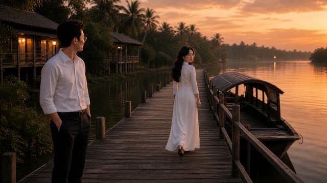 **C15_MIDDLE — “BƯỚC XA DẦN”**
Create the cinematic MIDDLE frame continuing DIRECTLY from the approved C15_BEGIN image.
Use the exact same **MASTER NAM** and **MASTER NỮ** from C15_BEGIN and all previous approved scenes.
### CHARACTER LOCK — ABSOLUTE
Preserve exactly:
* MASTER NAM: same face, age, hairstyle, body proportions, white long-sleeve shirt, black trousers and glasses.
* MASTER NỮ: same face, age, long dark hair, body proportions, white traditional-style outfit and glasses.
* Same glasses, clothing and overall appearance.
* No face redesign, no aging, no beautification, no identity change.
### ACTION
The woman has now walked several slow steps farther along the wooden pier.
She is seen slightly farther from the man, continuing toward the distant end of the pier.
Her body is turned mostly away from him, but she gently turns her head back for one last quiet glance.
The man remains standing behind her in the same general position.
He watches her silently.
He does not follow.
His expression shows quiet sadness and acceptance.
The emotional distance between them is now clearly increasing.
### EMOTION
A painful but beautiful moment of separation.
The woman appears conflicted — she wants to keep walking but still feels the need to look back.
The man silently understands that she is leaving.
Keep the acting extremely subtle and realistic.
No tears running down the face.
No dramatic gestures.
No dialogue.
### COMPOSITION
Cinematic medium-wide shot.
The woman is positioned farther toward the center-right of the wooden pier.
The man remains behind on the left.
Create a visible stretch of wooden pier between them to emphasize the growing distance.
The traditional wooden boat remains beside the pier.
The river and sunset occupy the right side of the frame.
Use the pier's perspective lines to naturally lead the viewer's eye from the man toward the woman.
### CAMERA
Slightly closer and lower than C15_BEGIN.
A very gentle cinematic tracking movement following the woman's direction of travel.
Keep both characters clearly recognizable.
No sudden zoom.
No camera shake.
No dramatic camera movement.
### ENVIRONMENT
Same riverside location and same sunset continuity.
Traditional wooden houses.
Wooden pier.
Traditional wooden boat.
Calm river.
Palm trees.
Warm orange-gold evening light.
Very subtle breeze moving the woman's hair and clothing.
### VISUAL STYLE
High-end Vietnamese sentimental romantic music video.
Photorealistic.
Natural human movement.
Elegant and restrained.
Realistic Vietnamese riverside environment.
Warm nostalgic cinematic lighting.
Realistic skin texture.
Realistic fabric and hair.
Shallow depth of field.
16:9 widescreen.
### STRICT NEGATIVE PROMPT
No new characters.
No duplicate people.
No face morphing.
No identity changes.
No age changes.
No hairstyle changes.
No wardrobe changes.
Do not remove or alter glasses.
No running.
No hugging.
No kissing.
No touching.
No exaggerated crying.
No dialogue.
No lip-sync.
No distorted hands or fingers.
No unnatural body proportions.
No text.
No subtitles.
No logos.
No watermark.
**TARGET EMOTION:** She is walking away, but turns back once. He remains behind and watches her leave. The distance between them is growing, quietly expressing the beginning of a permanent separation.