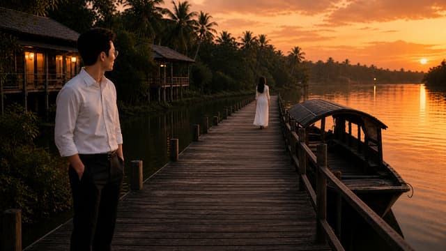 **C15_END — “BÓNG NGƯỜI XA DẦN”**
Create the cinematic END frame continuing DIRECTLY from the approved C15_BEGIN and C15_MIDDLE images.
Use the exact same **MASTER NAM** and **MASTER NỮ**. Preserve their facial identity, age, body proportions, hairstyle, clothing, glasses and overall appearance EXACTLY.
### STORY ACTION
The woman has now walked much farther down the wooden pier.
She is seen from behind, moving quietly toward the distant end of the pier.
She does NOT turn back anymore.
Her long dark hair and white outfit move gently in the evening breeze.
The man remains alone in the foreground/left side of the pier.
He stands completely still, watching her disappear into the distance.
His posture is quiet and slightly heavy with sadness, but controlled and dignified.
He does not chase her.
He does not call her.
He does not reach out.
This is the moment when both understand that the separation is real.
### EMOTIONAL MEANING
A quiet final goodbye without words.
The woman is leaving.
The man remains behind.
The growing physical distance between them represents the emotional distance created by a love that has missed its moment.
The scene should feel deeply nostalgic, mature and heartbreaking without being melodramatic.
No exaggerated crying.
No dramatic gestures.
### COMPOSITION
Cinematic wide shot.
The man occupies the left foreground, clearly recognizable.
The woman is much farther away near the center of the long wooden pier.
A large visible stretch of empty pier separates them.
The river occupies the right side of the frame.
The traditional wooden boat remains beside the pier.
The long perspective of the walkway leads naturally toward the woman and the distant sunset.
The composition should visually emphasize **one person staying behind and one person moving away**.
### CAMERA
Static or almost imperceptibly slow cinematic pull-back.
The camera gradually creates more space around the characters.
Do not zoom suddenly.
No camera shake.
No dramatic movement.
### LIGHTING
Late golden sunset becoming slightly softer and deeper.
Warm light reflecting across the calm river.
Subtle atmospheric haze in the distance.
Natural shadows.
Realistic skin tones.
Elegant cinematic contrast.
### ENVIRONMENT
Same Vietnamese riverside location.
Same wooden houses.
Same wooden pier.
Same traditional boat.
Same palm trees.
Same river.
Same evening atmosphere as C15_BEGIN and C15_MIDDLE.
Very gentle breeze.
Natural movement of the woman's hair and clothing.
### VISUAL STYLE
High-end Vietnamese sentimental music video.
Photorealistic.
Natural human proportions.
Natural human movement.
Emotionally restrained.
Nostalgic cinematic atmosphere.
Realistic skin and fabric texture.
Beautiful sunset photography.
Shallow cinematic depth of field.
16:9 widescreen.
### STRICT CHARACTER LOCK
MASTER NAM and MASTER NỮ must remain exactly the same characters established in all previous scenes.
No face morphing.
No identity change.
No age change.
No hairstyle change.
No wardrobe change.
Do not remove or alter glasses.
### NEGATIVE PROMPT
No new characters.
No duplicate characters.
No hugging.
No kissing.
No touching.
No running.
No turning back by the woman.
No dialogue.
No lip-sync.
No exaggerated crying.
No tears streaming dramatically.
No distorted hands or feet.
No unnatural body proportions.
No modern city objects.
No fantasy elements.
No text.
No subtitles.
No logos.
No watermark.
**TARGET EMOTION:** She has finally walked away without looking back. He remains alone on the wooden pier, watching her become smaller in the distance. The empty space between them becomes the visual symbol of their missed love.