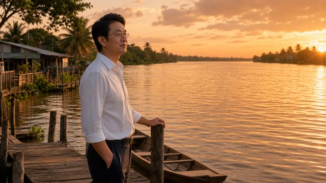 **C16_BEGIN — “BẾN VẮNG NGƯỜI XƯA”**
Create a cinematic Vietnamese sentimental music-video scene continuing DIRECTLY from the approved C15_END and C15_VIDEO.
### MASTER CHARACTER LOCK — ABSOLUTE
Use the exact **MASTER NAM** established throughout the entire MV.
Preserve exactly:
* facial identity
* age
* hairstyle
* body proportions
* white long-sleeve shirt
* black trousers
* glasses
* overall appearance
Do not redesign, beautify, age or alter the character.
The man's glasses must remain clearly visible and consistent.
### STORY CONTINUITY
This scene begins immediately after the woman has disappeared into the distance at the end of C15.
The woman is now completely out of frame.
The man remains alone on the same wooden riverside pier.
He slowly turns his head away from the direction where she disappeared and looks toward the calm river.
He stands quietly beside the wooden railing.
His posture is slightly heavy, but dignified and controlled.
One hand may rest gently on the wooden railing while the other remains relaxed.
He does not cry.
He does not call her.
He does not run after her.
He simply realizes that she is truly gone.
### EMOTIONAL DIRECTION
The emotional feeling is:
**emptiness — loneliness — remembrance — acceptance.**
This is not dramatic heartbreak.
It is the quiet pain that remains after someone important has already left.
His eyes should appear thoughtful and slightly sad.
His expression should be subtle and mature.
### COMPOSITION
Cinematic medium-wide shot.
Place the man on the left-to-center portion of the frame.
The calm river occupies much of the right side.
The empty wooden pier extends behind him toward the distance.
The traditional wooden boat remains beside the pier.
The empty space where the woman previously walked should be clearly visible.
The composition must visually communicate that she is gone.
### CAMERA
Begin with a very slow cinematic movement from behind/side of the man.
Gently reveal his face in three-quarter profile as he turns toward the river.
Camera movement must be extremely smooth.
No sudden zoom.
No camera shake.
No fast movement.
Allow the empty space around him to become part of the emotional storytelling.
### ENVIRONMENT
Same Vietnamese riverside location as C14 and C15.
Same wooden houses.
Same traditional wooden boat.
Same wooden pier.
Same palm trees.
Same river.
The sunset is now slightly deeper and softer than C15.
Warm orange-gold reflections shimmer gently across the water.
Very subtle breeze moves his shirt and hair.
Natural river movement.
Quiet evening atmosphere.
### CINEMATIC STYLE
High-end Vietnamese sentimental music video.
Photorealistic.
Natural human proportions.
Natural facial expression.
Realistic skin texture.
Realistic fabric movement.
Elegant cinematic lighting.
Warm nostalgic color atmosphere.
Subtle depth of field.
16:9 widescreen.
### STRICT NEGATIVE PROMPT
No MASTER NỮ.
No new characters.
No additional people.
No face morphing.
No identity changes.
No age changes.
No hairstyle changes.
No wardrobe changes.
Do not remove or alter glasses.
No crying dramatically.
No tears streaming down the face.
No dialogue.
No lip-sync.
No waving.
No running.
No dramatic gestures.
No distorted hands.
No distorted face.
No unnatural body proportions.
No fantasy effects.
No modern city objects.
No text.
No subtitles.
No logos.
No watermark.
### TARGET EMOTION
The woman has left.
The man is finally alone.
He turns toward the river and silently faces the emptiness left behind by their love.
The calm river continues flowing while he remains still — a visual metaphor for life moving forward even when the heart is still holding on.