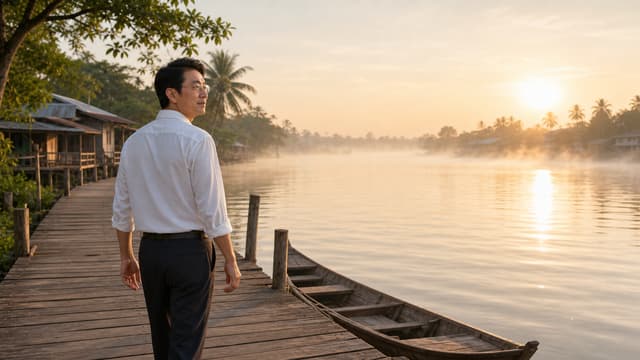 **C17_BEGIN — “BƯỚC ĐI MANG THEO NỖI NHỚ”**
Create a cinematic Vietnamese sentimental music-video scene continuing naturally after the approved C16_VIDEO.
### MASTER NAM — ABSOLUTE CHARACTER LOCK
Use the exact **MASTER NAM** established throughout the entire MV.
Preserve exactly:
* facial identity
* age
* hairstyle
* body proportions
* white long-sleeve shirt
* black trousers
* glasses
* overall appearance
Do not redesign, beautify, age, or alter the character.
His glasses must remain clearly visible and identical to previous scenes.
### STORY CONTINUITY
The woman is completely absent.
C16 ended with the man quietly facing the river and accepting that she is gone.
Now, after a quiet passage of time, the man has decided to leave the riverside.
He walks slowly along the wooden pier away from the water.
His posture is calm and thoughtful.
He carries no visible luggage.
He is not running away.
He is simply beginning to move forward with his life, while still carrying the memory of the woman in his heart.
### TIME & ATMOSPHERE
Transition naturally from the sunset of C16 into an early peaceful morning.
Soft dawn light over the same Vietnamese riverside village.
A faint morning mist hangs above the river.
The atmosphere is quiet, fresh and nostalgic.
The change from sunset to dawn symbolizes a new beginning after the painful separation.
### ACTION
The man takes slow, natural steps along the wooden pier.
He briefly glances back toward the river, as though remembering the place where he last saw her.
Then he gently turns forward and continues walking.
No dramatic gesture.
No crying.
No calling her name.
No expectation that she will return.
### EMOTION
Quiet sadness mixed with acceptance and the first small feeling of moving forward.
The emotional message is:
**“Nỗi nhớ vẫn còn, nhưng cuộc đời phải tiếp tục.”**
Keep the expression subtle, mature and dignified.
### COMPOSITION
Cinematic medium-wide shot.
The man is positioned slightly left of center, walking along the wooden pier.
The river remains visible behind him.
The traditional wooden boat is still present near the pier as a visual reminder of the previous scenes.
The morning village appears softly in the background.
Use the long wooden walkway as a leading line toward the brighter morning horizon.
### CAMERA
Very gentle tracking shot moving with the man as he walks.
Camera remains slightly behind and to his side.
Allow the viewer to see his profile and recognizable face.
Movement must be smooth and natural.
No sudden zoom.
No camera shake.
No fast movement.
### ENVIRONMENT
Same Vietnamese riverside village.
Wooden houses.
Wooden pier.
Traditional wooden boat.
Palm trees.
Calm river.
Light morning mist.
Soft breeze.
Subtle movement of leaves and shirt fabric.
Natural water ripples.
### LIGHTING
Soft early-morning golden light.
Gentle sunlight beginning to illuminate the river and wooden houses.
Natural skin tones.
Soft shadows.
Subtle atmospheric haze.
A hopeful but still nostalgic visual tone.
### VISUAL STYLE
High-end Vietnamese sentimental music video.
Photorealistic.
Natural human proportions.
Natural walking motion.
Realistic skin texture.
Realistic clothing and hair movement.
Elegant cinematic composition.
Warm, soft morning atmosphere.
Subtle depth of field.
16:9 widescreen.
### STRICT NEGATIVE PROMPT
No MASTER NỮ.
No woman anywhere in the scene.
No ghost.
No reflection of the woman.
No flashback.
No dream effect.
No new characters.
No duplicate characters.
No face morphing.
No identity changes.
No age changes.
No hairstyle changes.
No wardrobe changes.
Do not remove or alter glasses.
No crying dramatically.
No tears streaming down the face.
No dialogue.
No lip-sync.
No running.
No dramatic gestures.
No distorted hands or feet.
No unnatural body proportions.
No fantasy effects.
No text.
No subtitles.
No logos.
No watermark.
### TARGET EMOTION
After losing the woman, the man finally begins to leave the riverside.
He looks back once at the place where their love ended.
Then he turns forward.
He walks into the soft morning light.
**The memory remains behind him, but life continues ahead.**