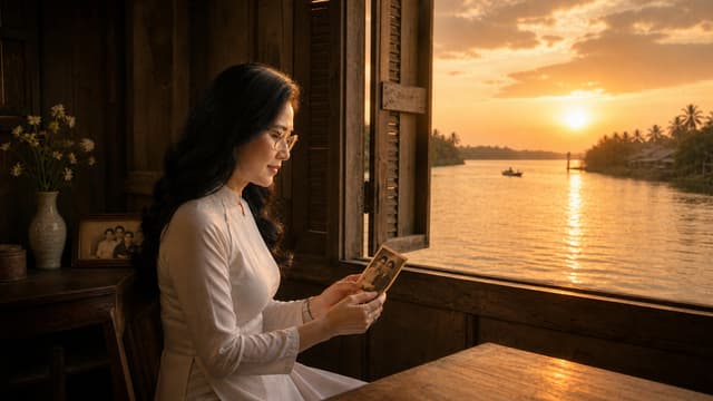 C19_BEGIN – ĐÒ TÌNH LỠ CHUYẾN
Use the approved C18_END image as the emotional and visual continuity reference, while returning to MASTER NỮ as the main subject.
Keep MASTER NỮ exactly consistent with the established MASTER NỮ character throughout the MV: same Vietnamese woman, same face, same long black hair, same glasses, same mature appearance, same natural body proportions and elegant gentle presence. Do not redesign or change her identity.
Create a quiet cinematic scene inside a simple traditional Vietnamese riverside wooden house at sunset.
MASTER NỮ sits alone beside an open wooden window overlooking the same river from earlier scenes. She is wearing simple, elegant traditional Vietnamese clothing in a soft light tone, consistent with her established character styling.
She holds a small old photograph of herself and MASTER NAM gently in both hands, looking down at it silently.
Her expression is deeply emotional but restrained: longing, loneliness, tenderness and quiet sadness. Her eyes appear slightly moist, as though she is asking herself:
“Anh có bao giờ anh nhớ tôi?”
She does not cry dramatically. No tears streaming down her face. Her emotion should be communicated mainly through her eyes, breathing and stillness.
Outside the window, the same river from C18 is visible in the warm late-sunset light. A small wooden boat is moving slowly in the far distance.
The room is simple and authentic: aged wooden walls, wooden window frame, a small table, subtle family objects, natural Vietnamese countryside atmosphere.
CAMERA:
Medium-wide cinematic shot from slightly behind and to the side of MASTER NỮ, showing her profile, the photograph in her hands, the open window and the river beyond.
The composition should visually connect her with the distant river and the boat, suggesting that her thoughts are traveling toward MASTER NAM.
LIGHTING:
Soft golden sunset entering through the window, gentle warm light on one side of her face, natural shadows inside the wooden house, realistic atmospheric haze.
MOOD:
Deep nostalgia, loneliness, longing, quiet heartbreak, mature love, restrained sorrow.
VISUAL STYLE:
Ultra-realistic cinematic Vietnamese music video, authentic Southern Vietnamese countryside, natural skin texture, realistic wood and fabric textures, subtle filmic atmosphere, shallow depth of field, elegant composition, premium cinematic cinematography, 16:9 widescreen.
STRICT CONTINUITY:
- Same MASTER NỮ face and identity.
- Same glasses and hairstyle.
- Same mature appearance.
- No MASTER NAM physically present.
- No additional characters.
- Same river world and visual language as C18.
- No text, subtitles or logos.
- No exaggerated crying.
- No fantasy effects.
- No face distortion.
- No change of age or body proportions.
- Keep movement extremely subtle and natural.