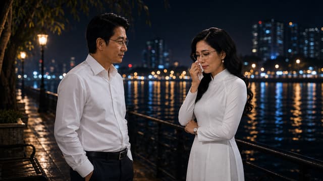 DỰA VÀO NHỮNG HÌNH ẢNH THAM CHIẾU, XIN GIÚP THAY ĐỔI ẢNH CỦA 2 NHÂN VẬT MẶC ÁO SƠ MI TRẮNG VÀ CÔ GÁI MẶC ÁO DÀI TRẮNG VÀO HÌNH CỦA 2 NGƯỜI  ĐỨNG CẠNH BỜ SÔNG VÀO BAN ĐÊM