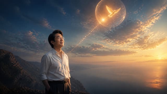 Giữ chính xác đường nét khuôn mặt, đeo kính của nhân vật vietnamese nam trong ảnh tham chiếu. A cinematic, emotional shot of a lonely individual standing on a high cliff, looking up at a glowing, beautiful dream-like bubble or a glowing bird flying away high into the dramatic cloudy sky. Melancholic atmosphere, soft sunset lighting, deep blue and golden tones, highly detailed, photorealistic.