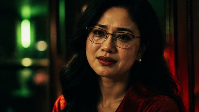 Giữ chính xác đường nét khuôn mặt, đeo kính của   nhân vật vietnamese NỮ  trong ảnh tham chiếu.A dramatic close-up cinematic shot of an Asian woman crying, tears streaming down her face, smeared mascara. Cinematic moody lighting, vintage 1970s aesthetics, heavy grain, soft focus. Neon green and deep red light reflections in the background, emotionally intense, high contrast, Wong Kar-wai style.