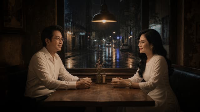 Giữ chính xác đường nét khuôn mặt, đeo kính của  2  nhân vật vietnamese  nam và nữ  ĐỘ TUỔI 40S   trong ảnh tham chiếu. [Panel 3] A wide shot storyboard panel. The man and the woman sitting opposite each other inside the dark, nostalgic vintage diner. A single dim lamp hangs above them, creating a warm pool of light amid the surrounding shadows. Outside the window, a lonely, rainy city street at midnight. Highly cinematic, somber and poetic atmosphere, 8k resolution.