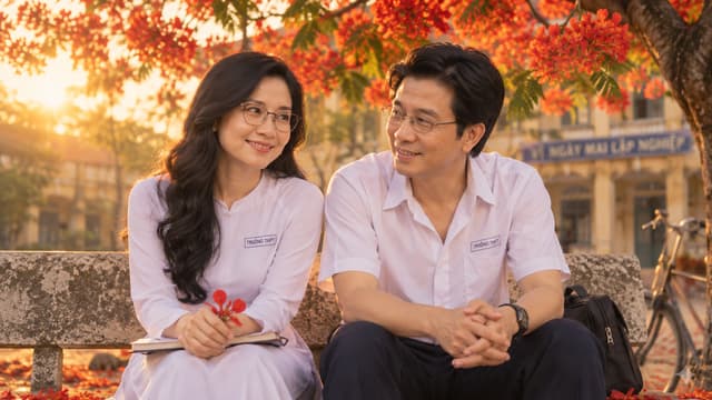 GIỮ CHÍNH XÁC ĐƯỜNG NÉT KHUÔN MẶT. ĐEO KÍNH, TUỔI TRẺ 30 YEAR OLD , Vietnamese teenage couple sitting together on an old stone bench beneath a magnificent red flamboyant tree, wearing white school uniforms, talking about meeting again when the new school year begins, innocent hopeful first love, warm sunset, soft golden light, romantic nostalgic cinematic style, realistic Vietnamese characters, 35mm film look, 16:9