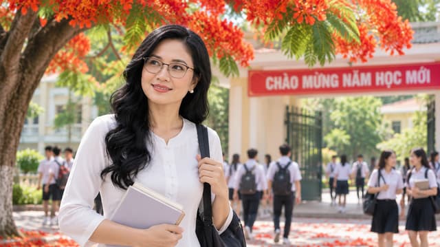 GIỮ CHÍNH XÁC ĐƯỜNG NÉT KHUÔN MẶT. ĐEO KÍNH, TUỔI TRẺ 30 YEAR OLD ,NỮ trở lại trường vào ngày khai giảng. Cô đứng dưới cây phượng và nhìn quanh tìm NAM.NO FLAG