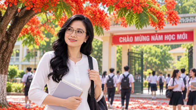GIỮ CHÍNH XÁC ĐƯỜNG NÉT KHUÔN MẶT. ĐEO KÍNH, TUỔI TRẺ 30 YEAR OLD ,NỮ trở lại trường vào ngày khai giảng. Cô đứng dưới cây phượng và nhìn quanh tìm NAM.NO FLAG