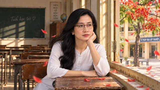 GIỮ CHÍNH XÁC ĐƯỜNG NÉT KHUÔN MẶT. ĐEO KÍNH, TUỔI TRẺ 30 YEAR OLD ,
NỮ nhận ra NAM không xuất hiện. Nụ cười biến mất. Một cơn gió thổi qua, vài cánh phượng rơi xuống
