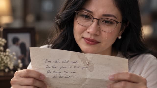 GIỮ CHÍNH XÁC ĐƯỜNG NÉT KHUÔN MẶT, ĐEO KÍNH, CÔ ẤY ĐỘ TUỔI 30 YEAR OLD .Extreme cinematic close-up of a handwritten letter held by trembling hands, a tear falling onto the paper, young Vietnamese girl's blurred face in the background, heartbreaking first love, soft muted light, realistic cinematic film still, 16:9