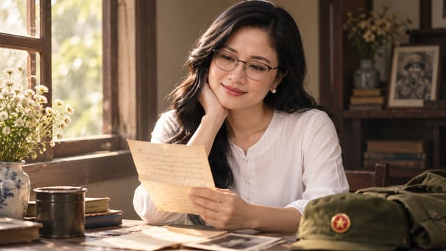 GIỮ CHÍNH XÁC ĐƯỜNG NÉT KHUÔN MẶT, ĐEO KÍNH,CÔ  ẤY ĐỘ TUỔI 30 YEAR OLD .Young Vietnamese woman sitting alone beside a window, reading a handwritten letter from her beloved soldier, white blouse, long black hair, emotional eyes, quiet room, soft afternoon light, nostalgic cinematic atmosphere, realistic Vietnamese woman, 16:9