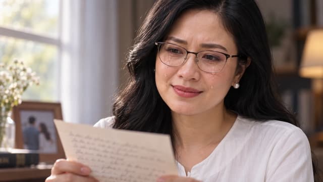 GIỮ CHÍNH XÁC ĐƯỜNG NÉT KHUÔN MẶT, ĐEO KÍNH,CÔ  ẤY ĐỘ TUỔI 30 YEAR OLD .Emotional cinematic close-up of a Vietnamese woman reading the final lines of a handwritten farewell letter, tears slowly rolling down her cheeks, trying to remain strong, soft window light, heartbreaking romantic drama, realistic facial expression, shallow depth of field, 16:9