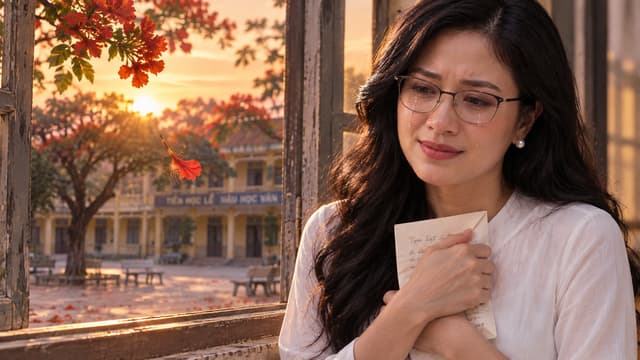A young Vietnamese woman slowly folds a handwritten farewell letter and holds it tightly against her chest, tears on her face, standing beside an open window, outside a single red flamboyant flower falls slowly through the air, empty nostalgic schoolyard in the distance, sunset light, heartbreaking first love, cinematic masterpiece, extremely realistic Vietnamese characters, slow emotional atmosphere, 35mm film look, dramatic composition, 16:9