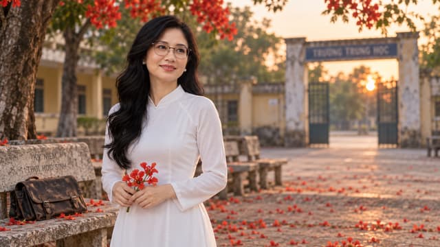 GIỮ CHÍNH XÁC ĐƯỜNG NÉT KHUÔN MẶT, ĐEO KÍNH, ĐỘ TUỔI TRẺ 30 YEAR OLD .Cô gái TRẺ đứng một mình trong sân trường cũ vào buổi chiều. Sân trường vắng, những hàng ghế đá im lặng. Cánh phượng đỏ rơi nhẹ. Một chiếc cặp học sinh cũ nằm trên ghế như dấu tích của một thời đã qua. Cô nhìn về phía cổng trường, nơi ngày xưa người con trai đã bước đi.