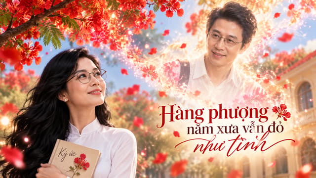 GIỮ CHÍNH XÁC ĐƯỜNG NÉT KHUÔN MẶT, ĐEO KÍNH, ĐỘ TUỔI TRẺ 30 YEAR OLD .“Hàng phượng năm xưa vẫn đỏ như tình”
Phong cách: KỲ ẢO THẦN TIÊN
Phân cảnh:
Máy quay từ từ ngước lên hàng phượng. Những cánh hoa đỏ biến thành hàng ngàn đốm sáng lấp lánh. Trong ánh sáng ấy thấp thoáng hình ảnh chàng trai năm xưa đang mỉm cười với cô.