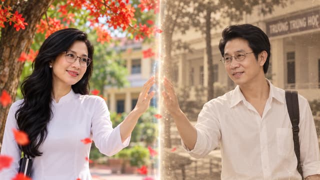 GIỮ CHÍNH XÁC ĐƯỜNG NÉT KHUÔN MẶT, ĐEO KÍNH, ĐỘ TUỔI TRẺ 30 YEAR OLD .Màn hình chia đôi
- Bên trái: cô gái hiện tại đứng dưới cây phượng.
- Bên phải: chàng trai ngày xưa đang đứng bên cô trong sân trường.
Hai thế giới cùng tồn tại nhưng không thể chạm vào nhau. Cô đưa tay về phía anh, nhưng bàn tay chỉ chạm vào khoảng không.