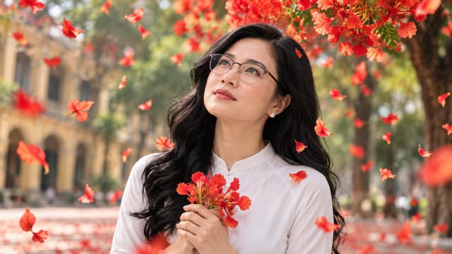 GIỮ CHÍNH XÁC ĐƯỜNG NÉT KHUÔN MẶT, ĐEO KÍNH, ĐỘ TUỔI TRẺ 30 YEAR OLD Cô gái đứng giữa một “cơn mưa hoa phượng”. Không gian gần như ngưng lại. Những cánh hoa rơi chậm xung quanh cô. Cô ngẩng mặt nhìn bầu trời, đôi mắt buồn nhưng đẹp.