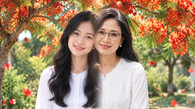 Màn hình chia đôi:
Bên trái: cô gái trẻ mặc áo trắng dưới hàng phượng.
Bên phải: người phụ nữ trưởng thành đứng chính nơi ấy.
Hai hình ảnh từ từ hòa vào nhau.
Mái tóc đen của cô gái trẻ chuyển thành mái tóc có vài sợi bạc của người phụ nữ hiện tại.