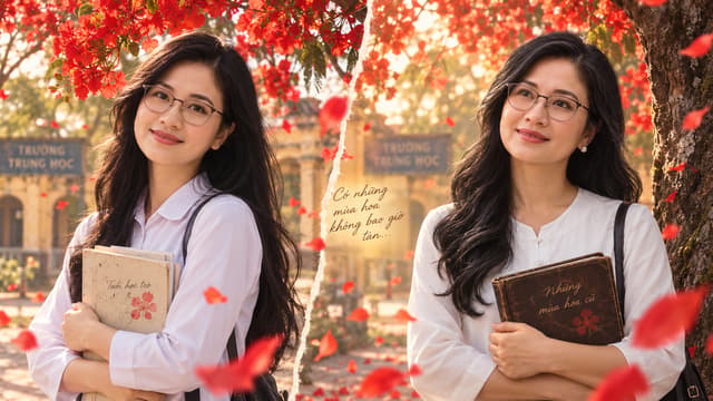 Powerful cinematic split-screen representation of time and memory, Vietnamese first love story, left side showing a beautiful young Vietnamese high-school girl in a white school blouse beneath blooming red flamboyant trees, youthful black hair and innocent smile, right side showing the same woman many years later standing beneath the same tree, mature elegant appearance, subtle silver strands in her hair, quiet emotional expression, identical background connecting both timelines, falling red petals crossing both sides, visual metaphor of time passing and enduring love, poetic cinematic realism, emotional Vietnamese film, sophisticated composition, soft golden light