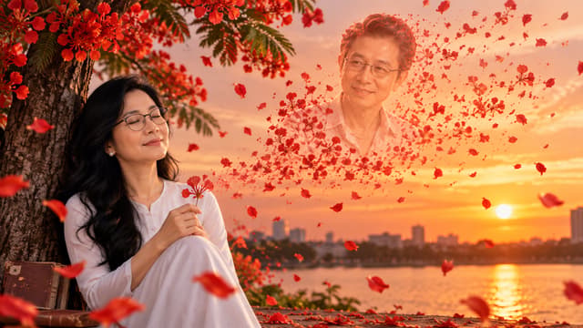 Hoàng hôn.
Người phụ nữ ngồi dưới gốc phượng, trên tay cầm một cánh phượng ép cũ — kỷ vật từ thời học trò.
Cô nhắm mắt.
Một luồng gió nhẹ thổi qua.
Trong không trung xuất hiện hàng ngàn cánh phượng đỏ. Những cánh hoa bay thành hình dáng mơ hồ của chàng trai năm xưa.
Anh không nói gì.
Chỉ mỉm cười.
Sau đó hình ảnh anh tan vào ánh hoàng hôn.
Cô mở mắt.