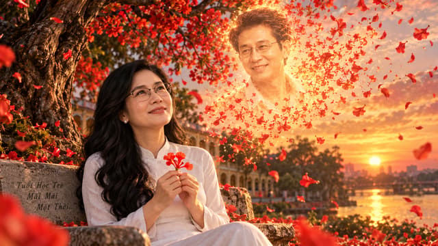 Epic emotional ending of a timeless Vietnamese first-love story, an elegant mature Vietnamese woman sitting peacefully beneath an enormous ancient blooming flamboyant tree at sunset, holding one old preserved red flamboyant flower from her school days, gentle tears in her eyes, she closes her eyes and remembers her first love, thousands of glowing red flamboyant petals begin floating around her, forming the subtle luminous silhouette of the young man she loved long ago, he smiles warmly and peacefully before dissolving into golden light and drifting petals, she opens her eyes and looks toward the sunset, eternal love and unforgettable memory, magical realism blended with cinematic realism, breathtaking Vietnamese romantic cinema, warm golden light, emotional masterpiece, 35mm film, ultra detailed