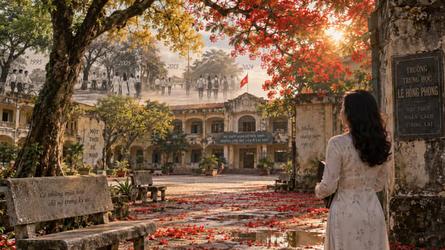 Cinematic Vietnamese nostalgic school courtyard across many passing years, the same old high school slowly changing through the seasons, enormous flamboyant trees changing from green leaves to golden leaves and finally brilliant red flowers, old school buildings aging gently with time, empty stone benches, fallen petals covering the pathway, beautiful mature Vietnamese woman standing quietly in the present observing the place where she once studied, poetic visual representation of time passing, melancholic yet beautiful, golden afternoon light, realistic Vietnamese cinema, 35mm film photography, atmospheric depth, ultra detailed