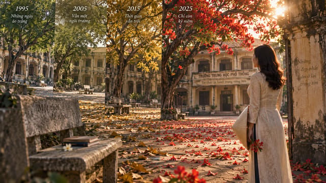 Cinematic Vietnamese nostalgic school courtyard across many passing years, the same old high school slowly changing through the seasons, enormous flamboyant trees changing from green leaves to golden leaves and finally brilliant red flowers, old school buildings aging gently with time, empty stone benches, fallen petals covering the pathway, beautiful mature Vietnamese woman standing quietly in the present observing the place where she once studied, poetic visual representation of time passing, melancholic yet beautiful, golden afternoon light, realistic Vietnamese cinema, 35mm film photography, atmospheric depth, ultra detailed, NO FLAG